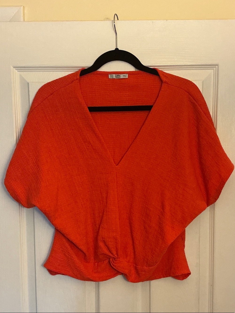 Zara Bright Orange V-Neck Twist Front Short Sleeve Top